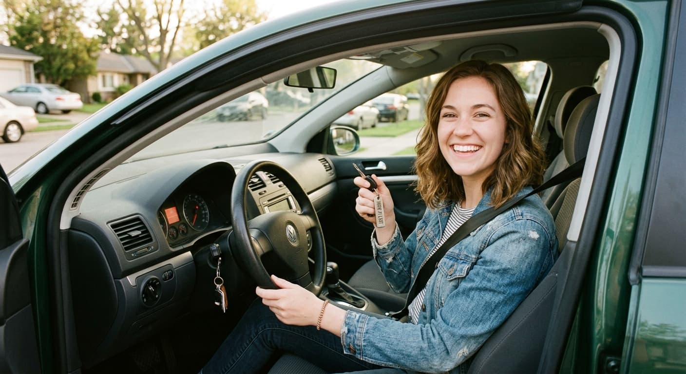 A new driver smiling from the driver's seat of a green Volkswagen, holding up keys on a Drive At Last keychain.